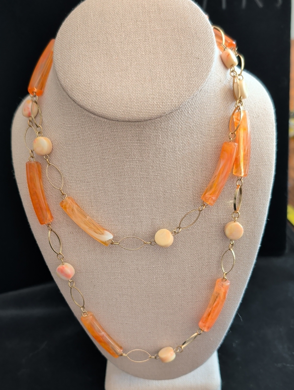 Unique Vintage Orange Acrylic Lucite Marble Macarone Beads, Gold Necklace, 19"
